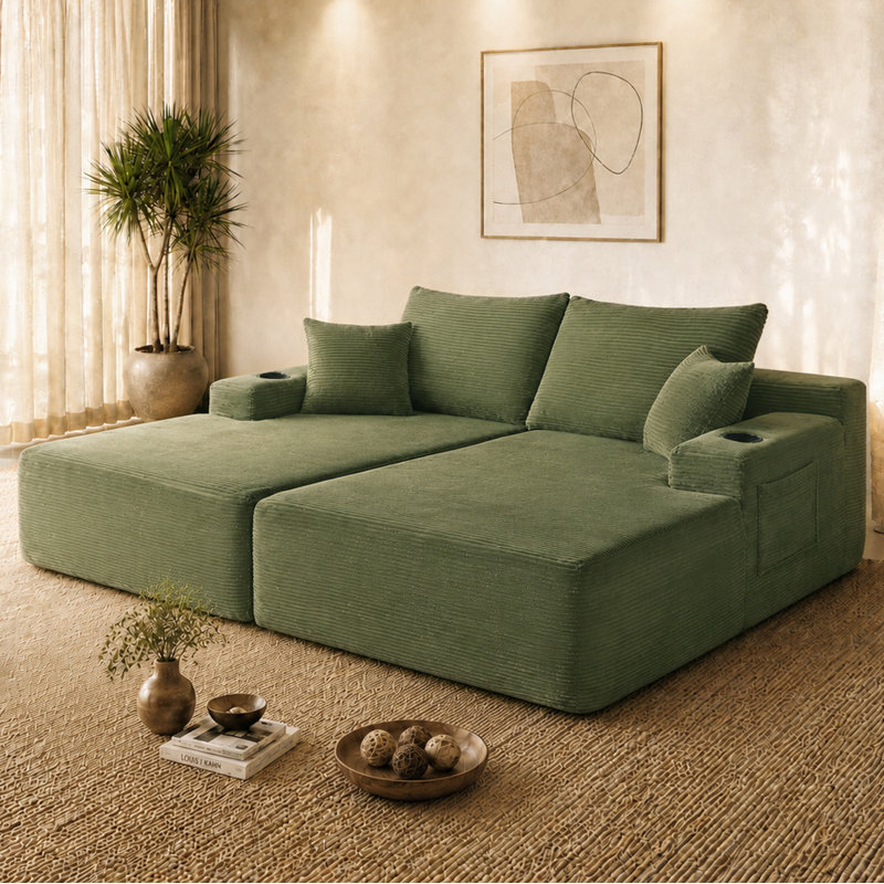 Canapé d'angle moderne en forme de L rembourré de 69 pouces, Tissu vert