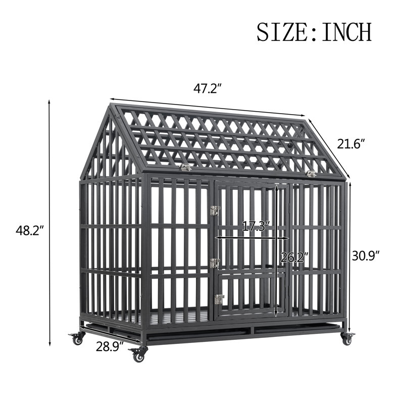 Heavy Duty Black Rolling Dog Crate with Roof and Window
