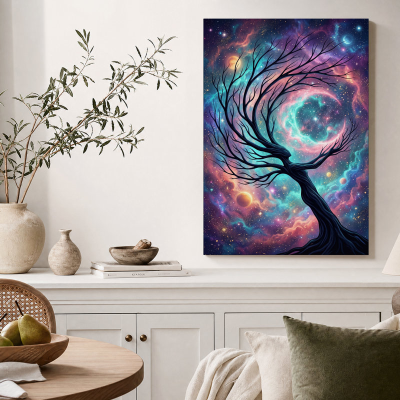 Arbre en silhouette dans une nébuleuse turquoise et rose, tableau sur toile, H 18 po x l 12 po