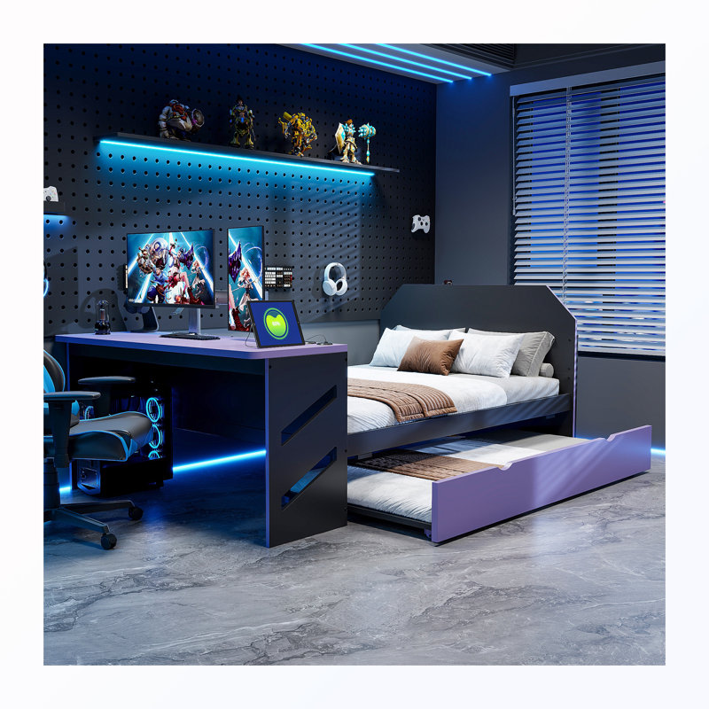 Lit de jour double avec lit gigogne simple et bureau et port USB, Purple&Black