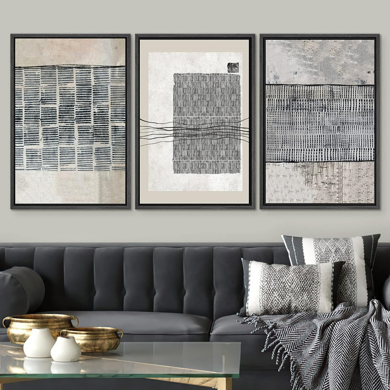Geometric Line Black Tan Industrial Line Art Pattern Abstract Shapes Cozy Neutral Framed On Canvas 3 Pieces Print