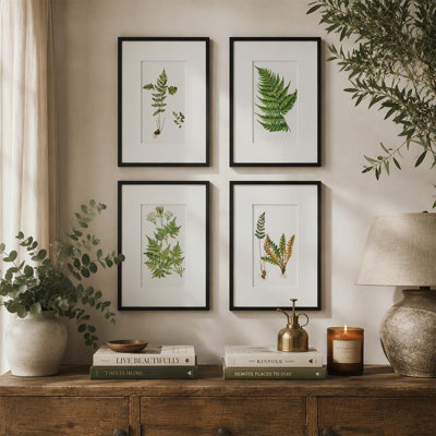 Ensemble de quatre affiches murales botaniques représentant des fougères, pour un décor élégant inspiré par la nature dans un salon et une salle à manger.