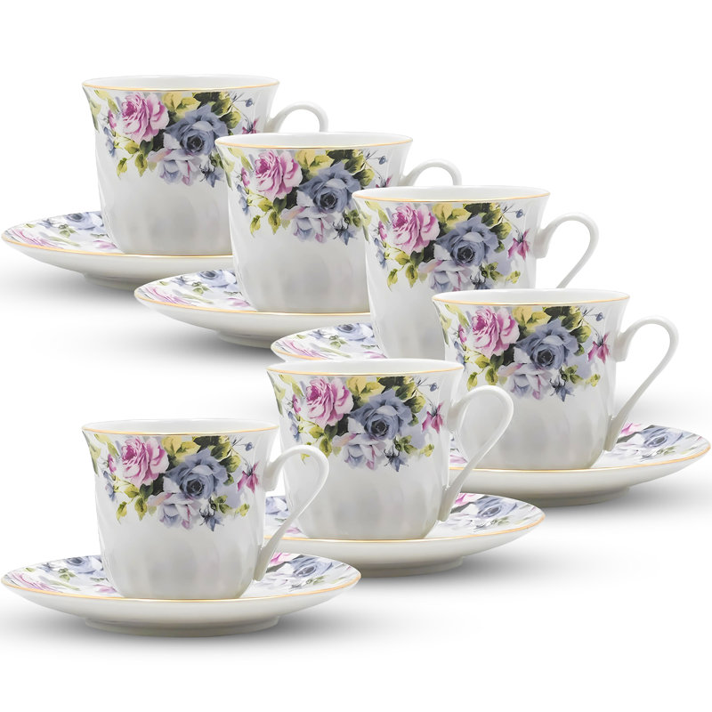 Ondina white porcelain teacup and saucer set (Service for 6), floral & gold trim