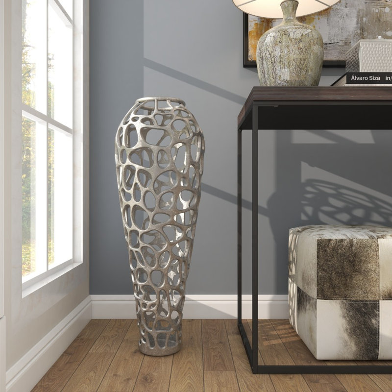 Bodo Gold Aluminum Metal Coral Cutout Coral Decorative Vase, 10" x 10" x 40", Silver, 33" H x 12" W x 12" D