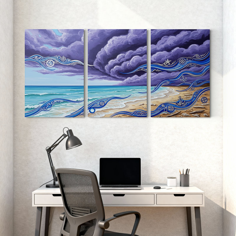 Nautique et plage, océan, vagues, ciel, nuages, plage, art, ensemble de 3 décorations murales sur toile, H 36 po x l 72 po
