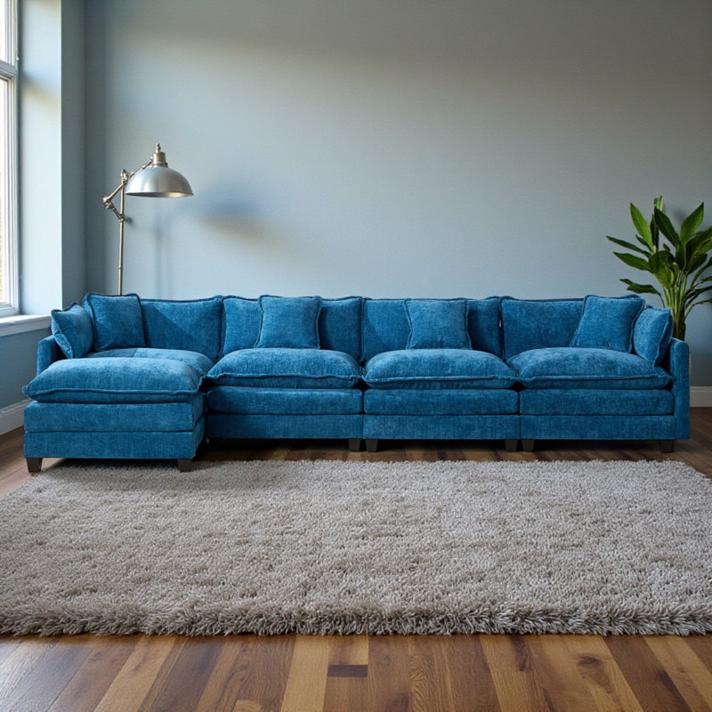 Geneveve 150"W Chenille Upholstered Sofa With Ottoman, 6 Compressed Pillows & Compressed Foam Cushions, Blue