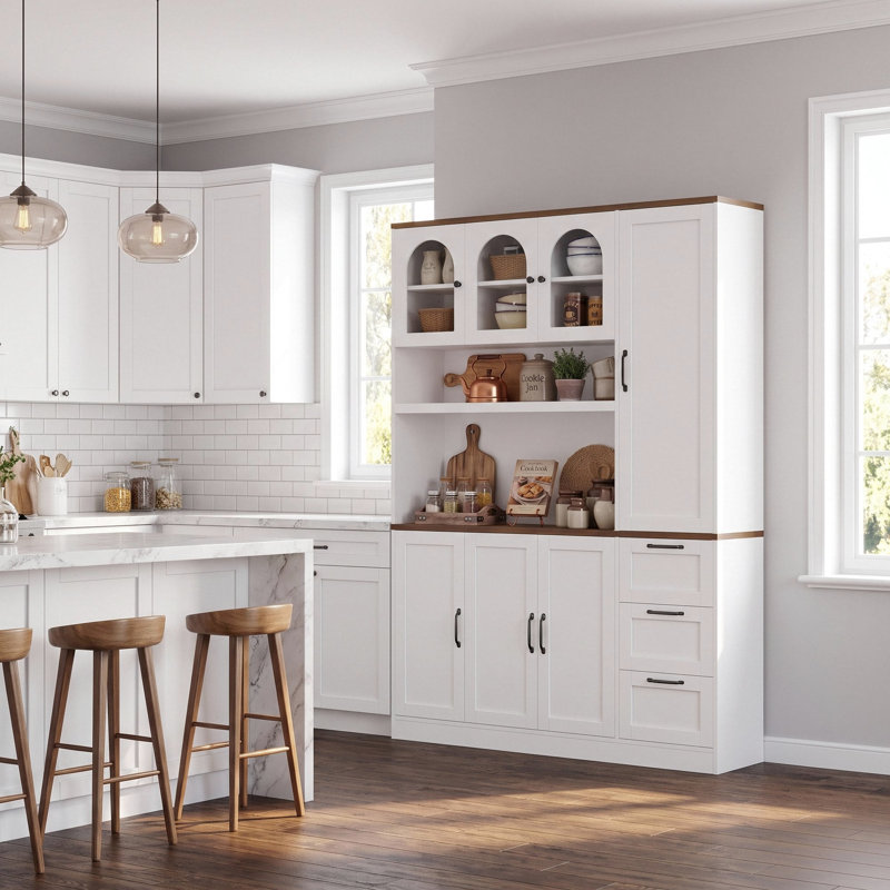 Armoire de rangement de 75 po de hauteur avec station de charge intégrée, garde-manger à porte en verre avec plusieurs armoires, tiroirs et tablettes réglables