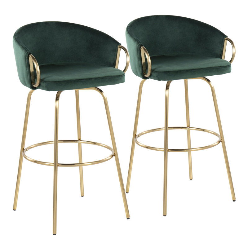 Claire Contemporary/Glam 30" Fixed-Height Bar Stool With Gold Metal Legs And Round Gold Metal Footrest With Green Velvet Seat And Gold Accents By Lumisource - Set Of 2