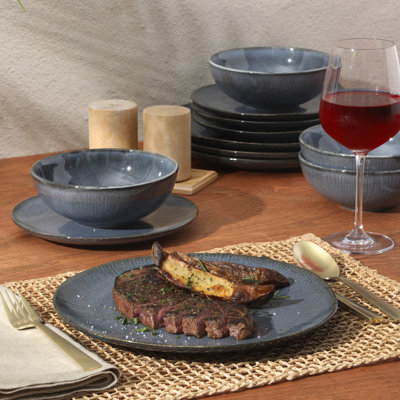 Ensemble d'assiettes et de bols en grès Giby Elite Sandy Pines - Ensemble de vaisselle pour glacis réactif 12 pièces - Service pour 4 - Va au lave-vaisselle et au micro-ondes - Bleu