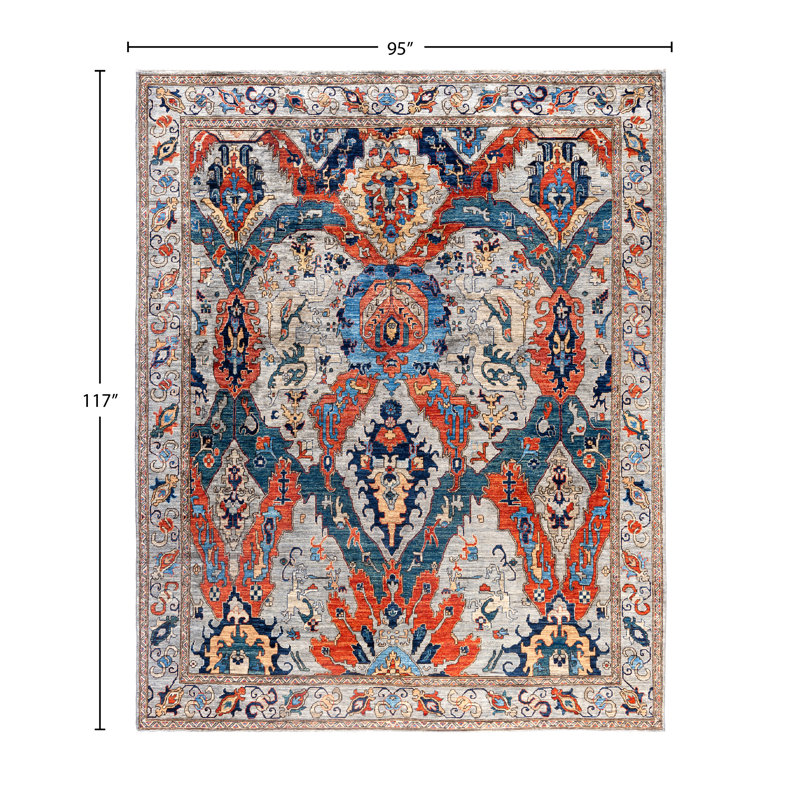 Tapis unique noué à la main gris Raffin de 7 pi 11 po x 9 pi 9 po Raffin
