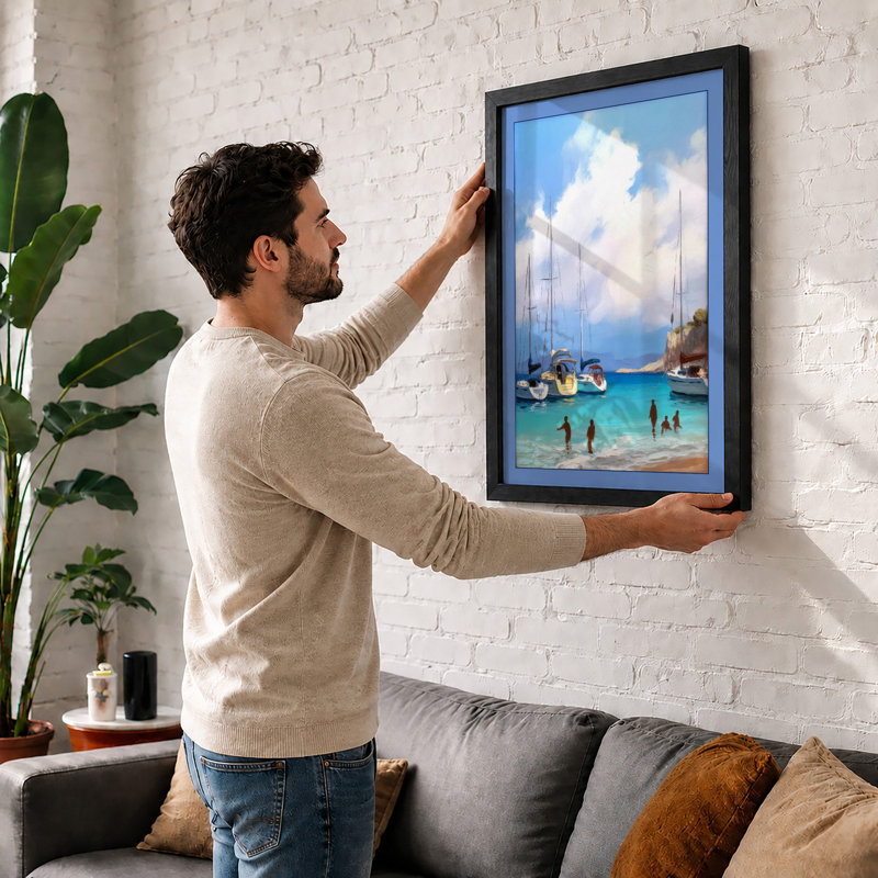 Sailboats In Turquoise Waters Coastal - Print, A2 - 59.4 x 42.0 cm, Black