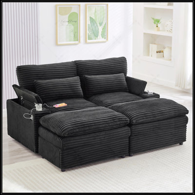 Loveseat Sofa Free-Combined Sectional Convertible Sofa Bed With Storage, Two Movable Ottomans, Four USB Ports, And Cup Holders For Living Room