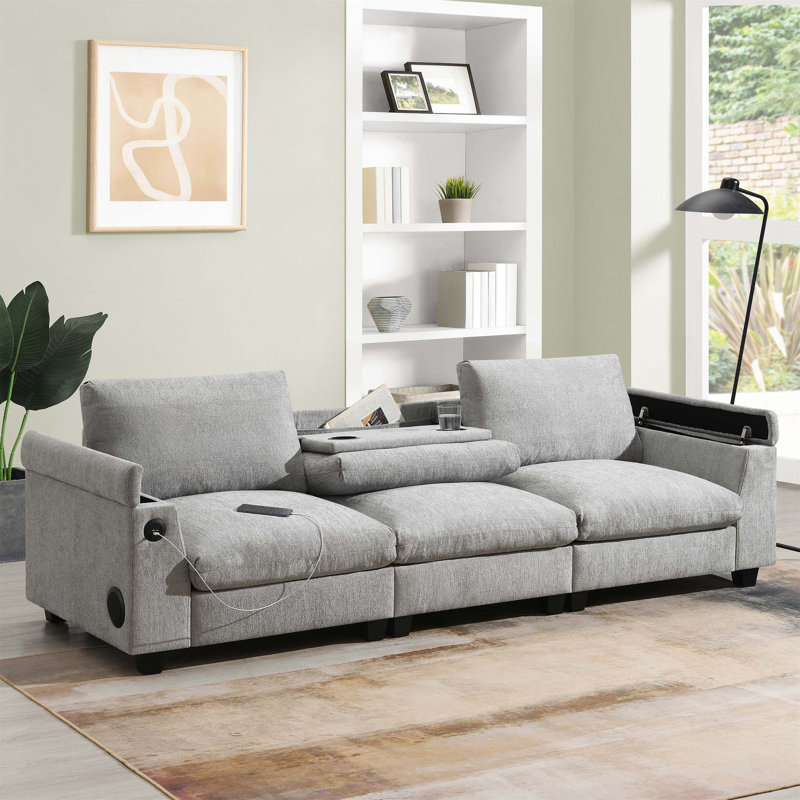 Luxueux canapé modulaire en chenille avec haut-parleur Bluetooth, table intégrée, porte-gobelets pratiques, chargeur USB et accoudoir de rangement pour plus de confort et de fonctionnalité
