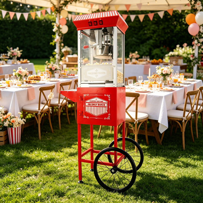 Machine à maïs soufflé rétro 12 oz avec chariot, machine à maïs soufflé professionnelle de 28,7 po de hauteur, peut contenir 50 tasses, y compris une pelle, une tasse à mesurer et des tasses de service