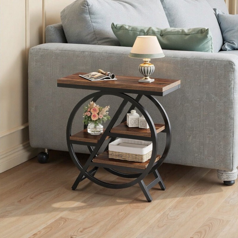 Table de bout étroite à 3 niveaux 25,59 pouces avec rangement, Brun rustique