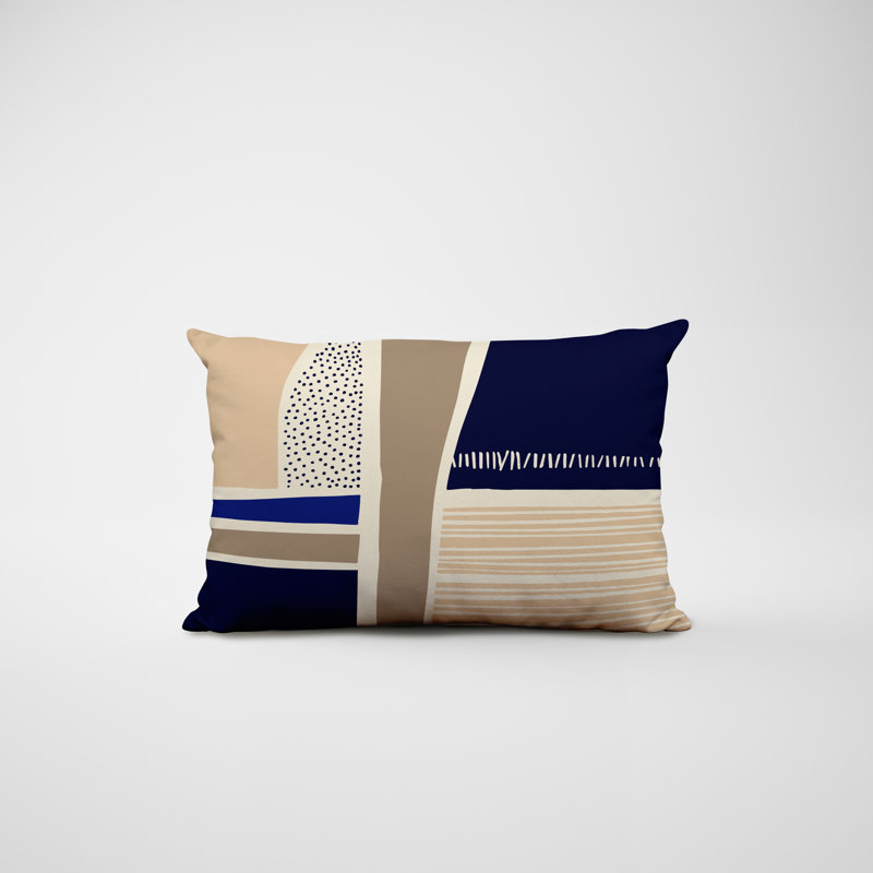 Polyester/Polyester Blend Lumbar Rectangular Indoor/Outdoor Pillow Cover & Insert, Beige / Navy Blue