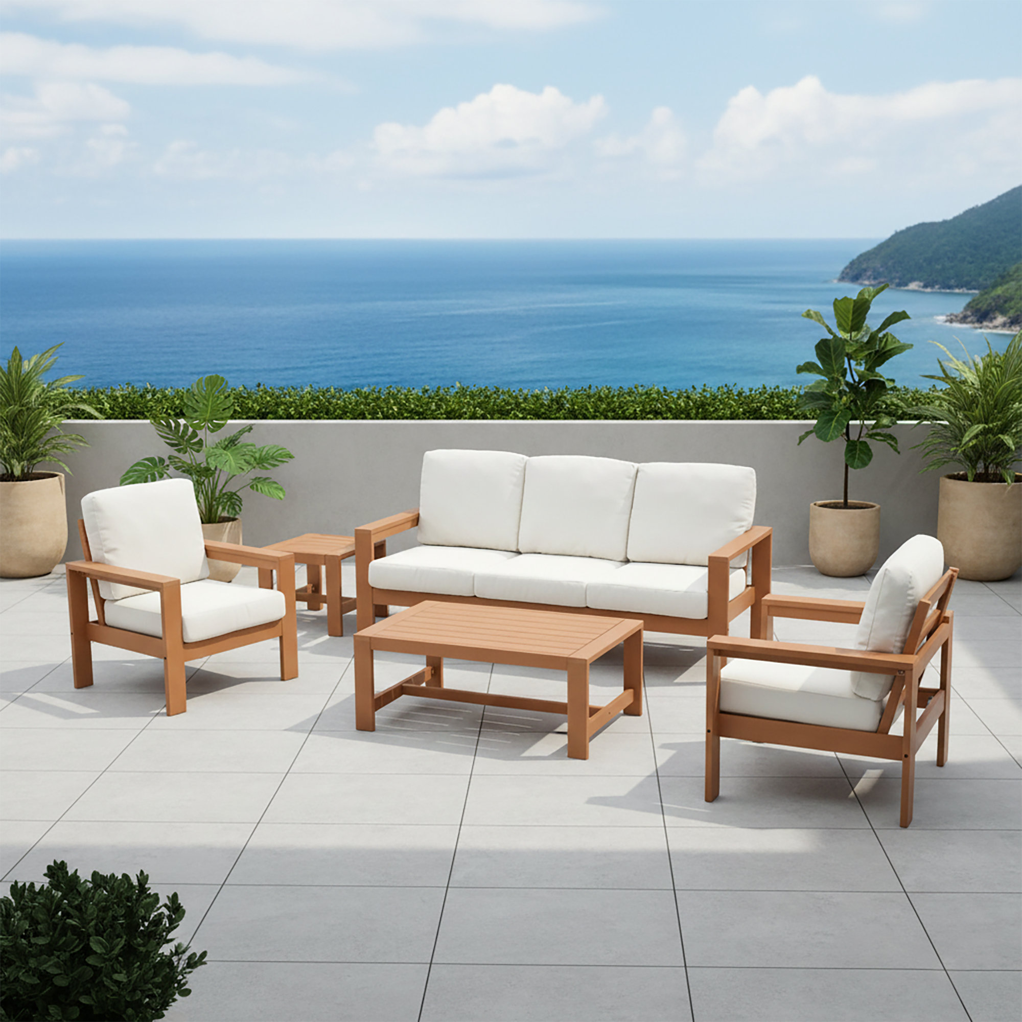 Madrid Wood 5 - Person Patio Conversation Set with Cushions