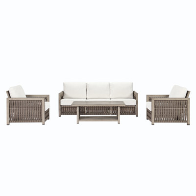 Seehill 4-Piece Patio Furniture Set, Aluminum Outdoor Patio Conversation Set With Washable Cushions, Rope Weave Outdoor Furniture Sofa Set With Coffee Table For Deck, Poolside, Backyard, Gray Oak