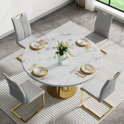 Round Dining Table Set, 45" Round Marble Dining Table with Dining Chairs, Modern Circle Kitchen Table Set with Hollow-Out Stainless Steel Base, Dining by Mercer41