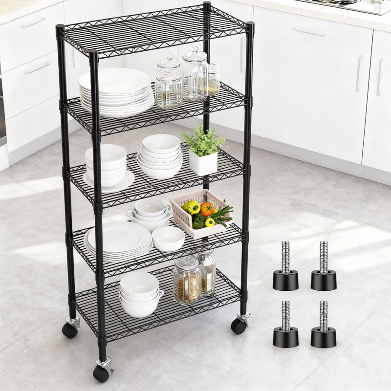 Étagère en fil métallique robuste à 5 niveaux avec roulettes, support de rangement réglable d'une capacité de 750 lb pour l'organisation du garde-manger