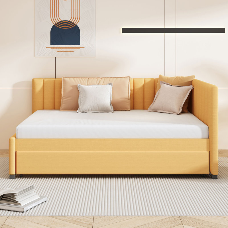 Full Size Upholstered Daybed with Trundle, Linen Fabric Sofa Bed Frame, No Box Spring, Storage Drawers(Yellow), Pink