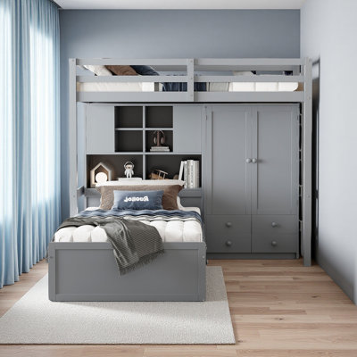 Twin Bunk Bed With Drawers, Wardrobe, Storage Shelves And Hydraulic Bed