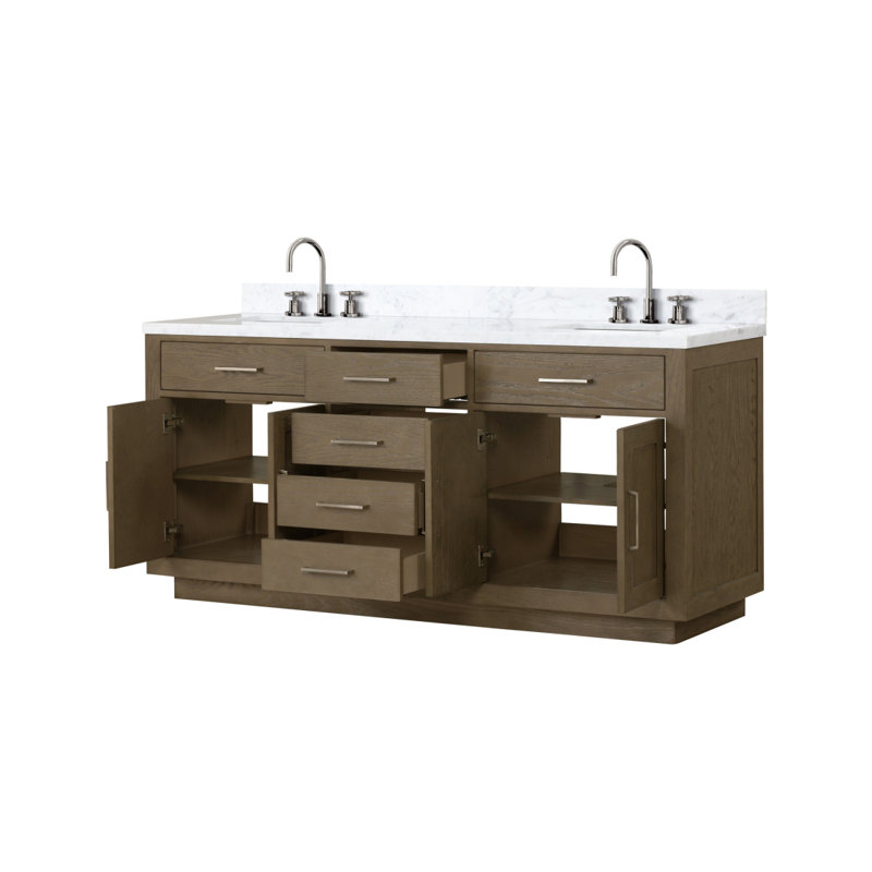 Meuble-lavabo double en chêne gris 72 po X P 22 po D, dessus en marbre de Carrare et ensemble de robinet, Gris