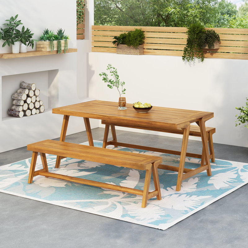 Ensemble de salle à manger de patio 3 pièces avec table en bois et deux bancs