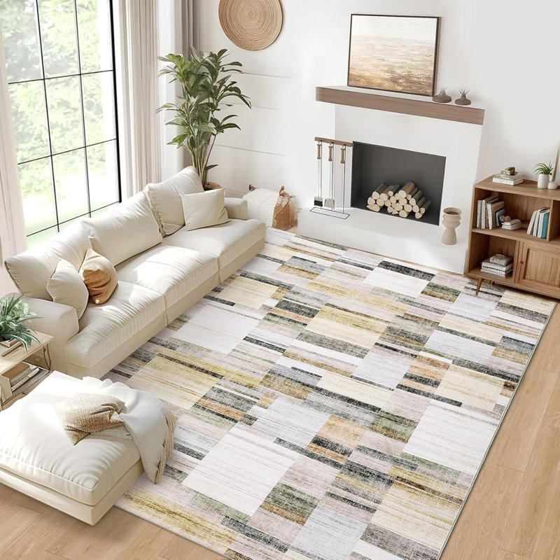 8x10 Washable Geometric Patchwork Rug, Non-Slip, Low Pile, Modern Farmhouse Carpet for Bedroom or Dining Room, Red