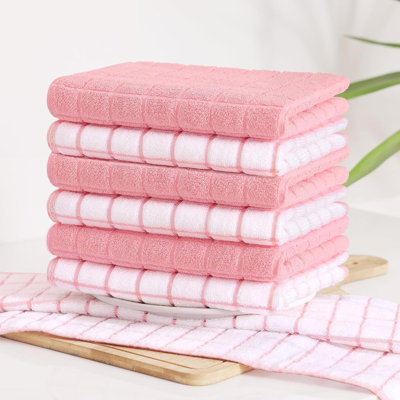 Premium Cotton Kitchen Towels Natural Ring Spun 390 GSM Dish Towels Super Absorbent Terry Kitchen Hand Towels Soft Tea Towels With Hanging Loop Check Design 6 Pack