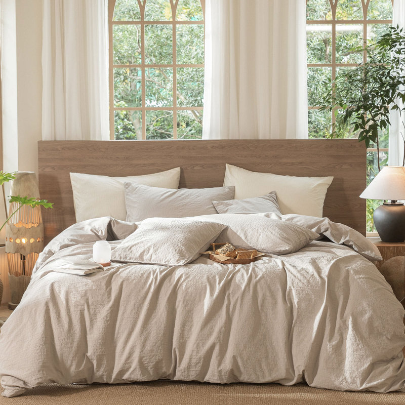 MooMee Wavy Striped Duvet Cover Set 100% Washed Cotton Linen Like Textured Breathable Lightweight, Beige