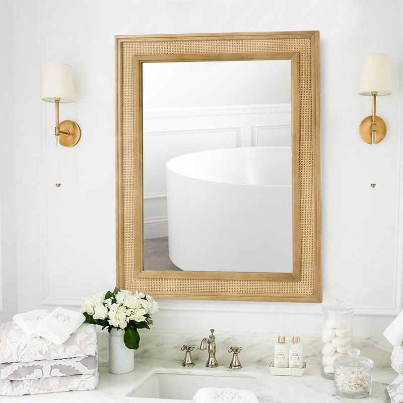 Rexford  Natural Wood Rattan Mirror Farmhouse Wall Decoration, 34" x 27"