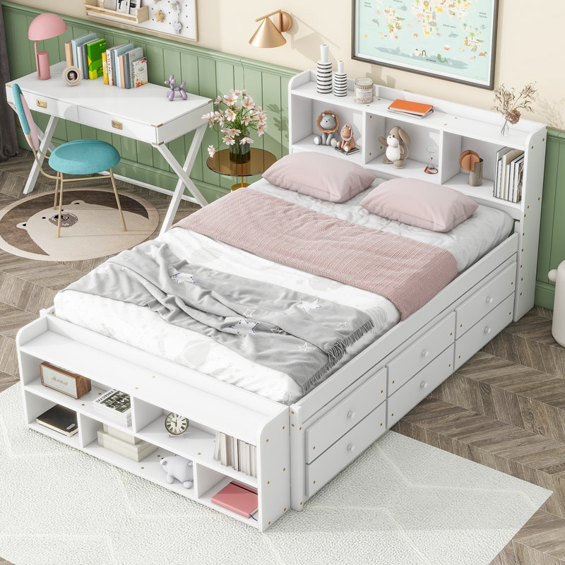 Lit double avec tête de lit bibliothèque, tiroirs de rangement sous le lit et étui de rangement pour bout de lit, blanc