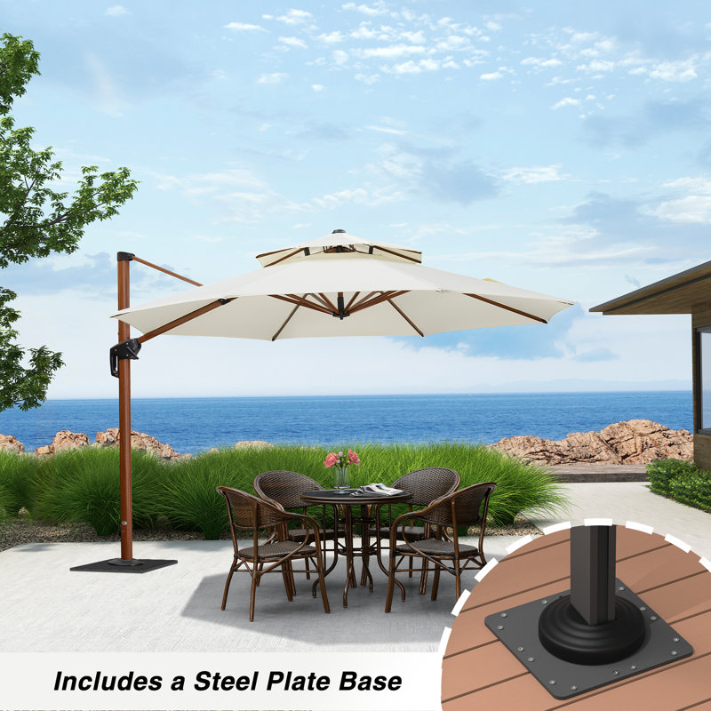 Parasol en porte-à-faux rond en bois 11 pi avec base en tôle d'acier, crème, Crème, L 132 po x P 132 po
