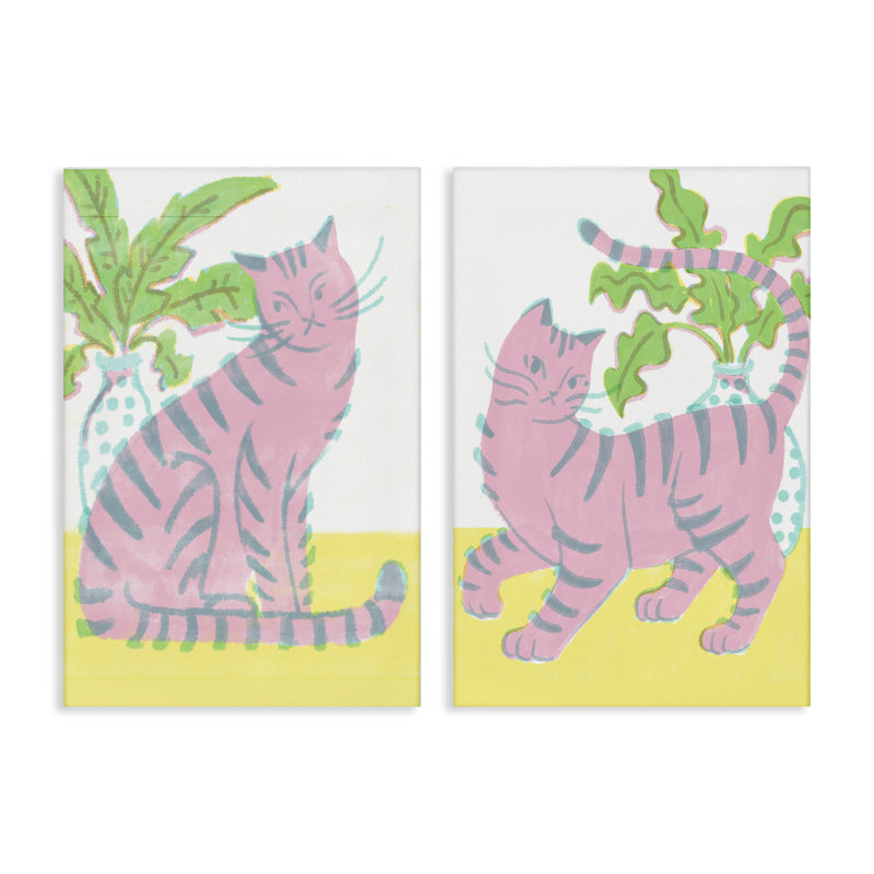 Ensemble de 2 toiles de chats et de plantes rose pastel, design par Hannah Moren, H 24 po x l 16 po