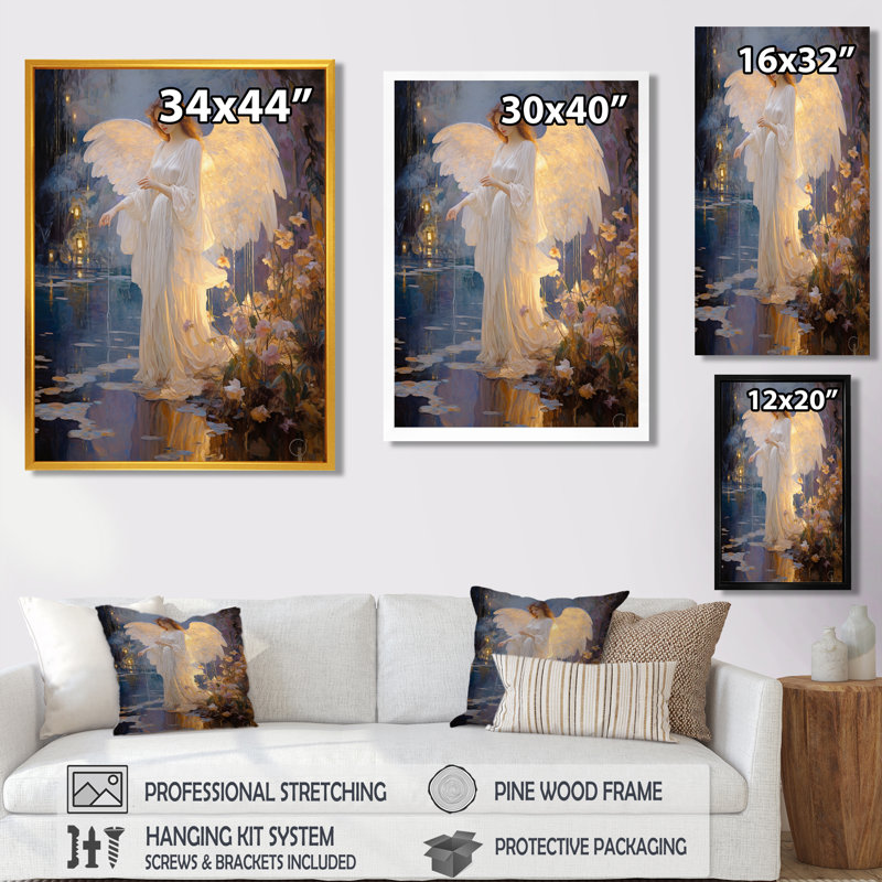 «Glorious Angel Magic Forest Night - Wings Angel», art mural, Cadre flottant doré, H 20 po x l 12 po