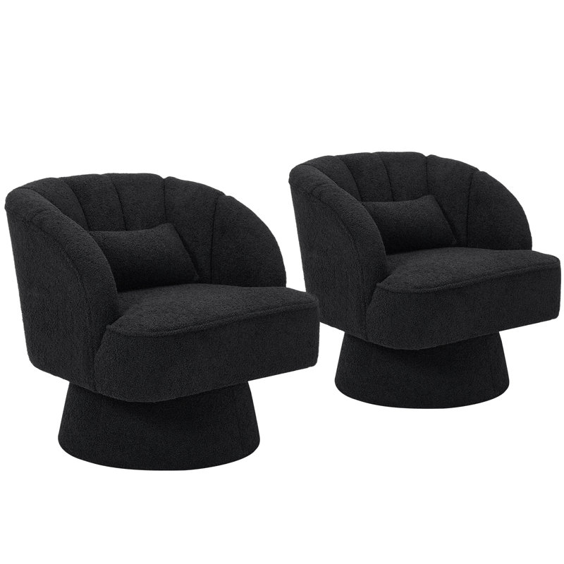360° Swivel Barrel Chair - Cozy Teddy Fleece Accent Armchair with Striped Back, Plush Lounge Seat, Black