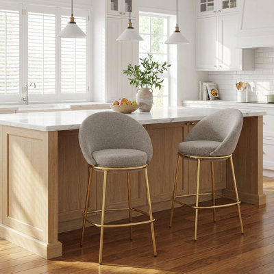 Celano Indoor Metal Upholstered Barstools with Gold Plated Frame, Half Moon Back, Beige Set of 2
