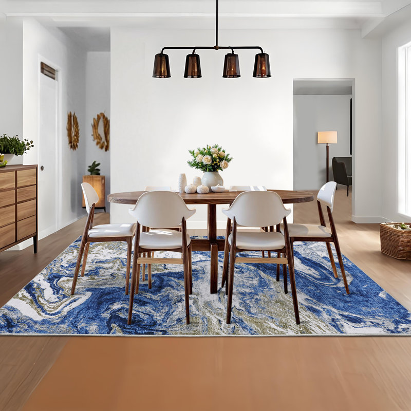 Abstract Machine Washable Area Rug Low Pile Non-Slip Stain-resistant Carpet for Living Room Bedroom Dining Room, Blue
