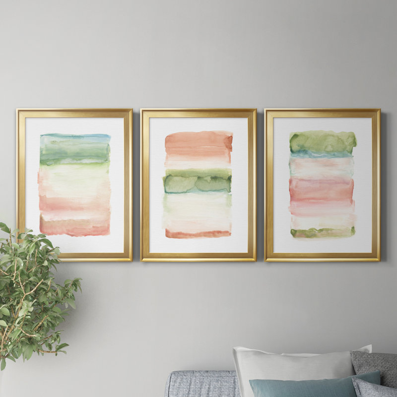 «Skye I», ensemble de 3 reproductions d'art, Toile encadrée dorée, H 26,5 po x l 109,5 po x P 1,5 po