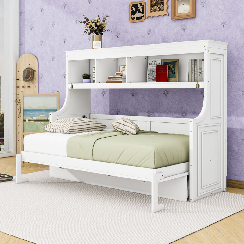 Lit escamotable simple avec bureau intégré et rangement, Blanc