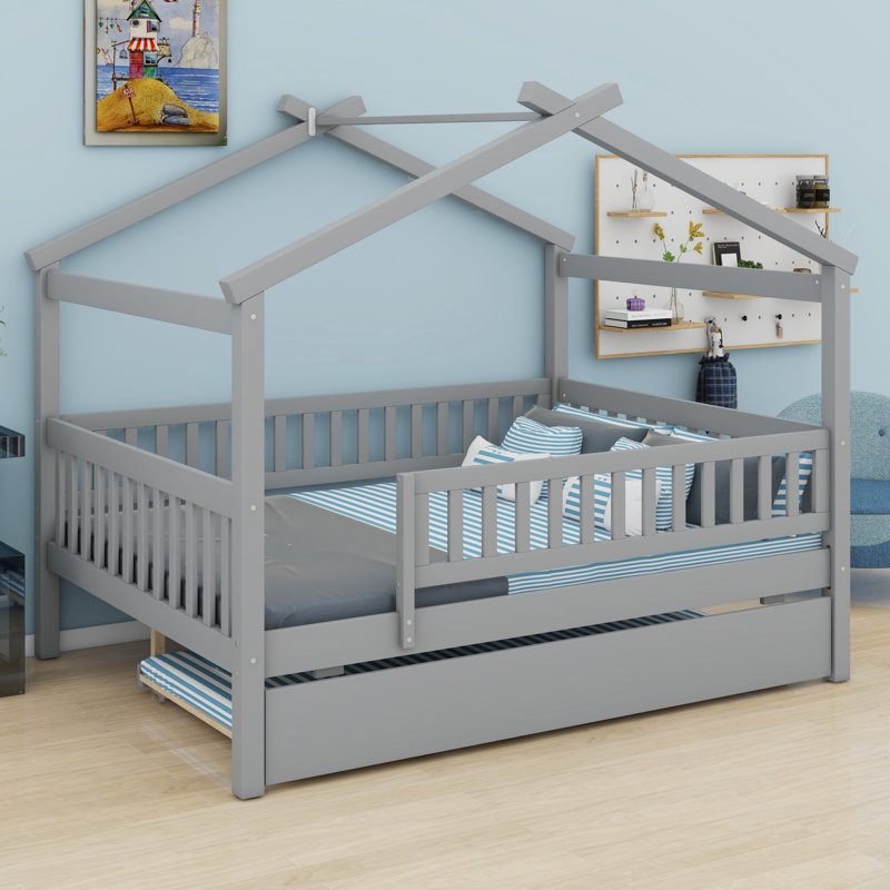 Wooden House Bed With Trundle, Gray