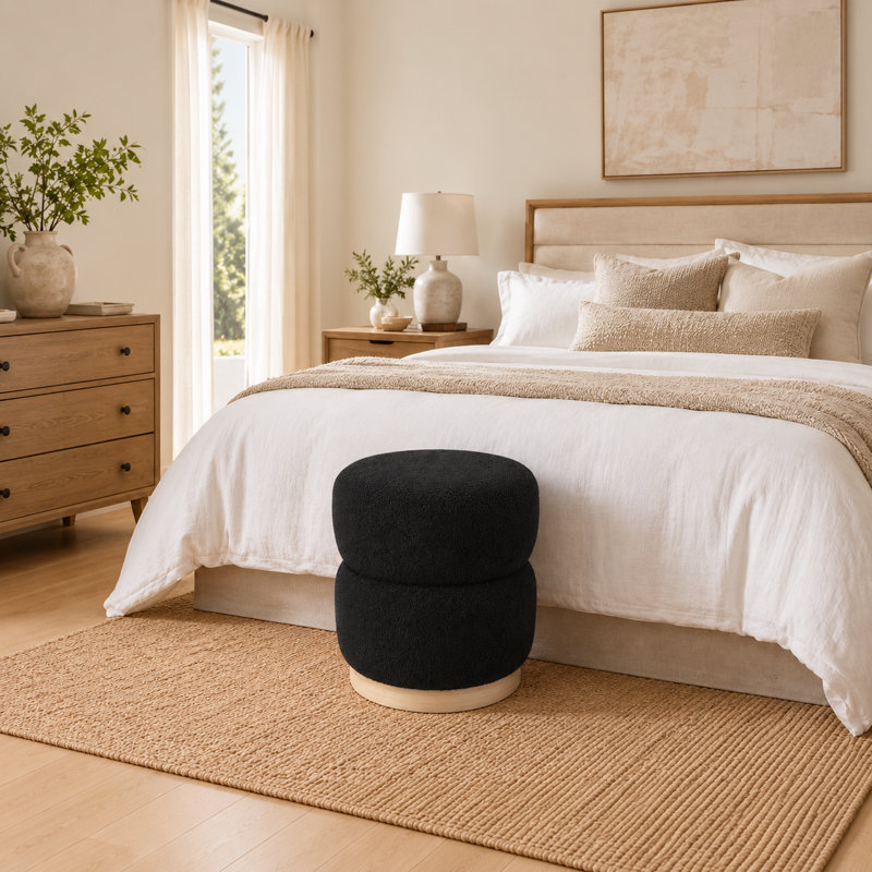 Round Upholstered Ottoman Stool, Black Teddy