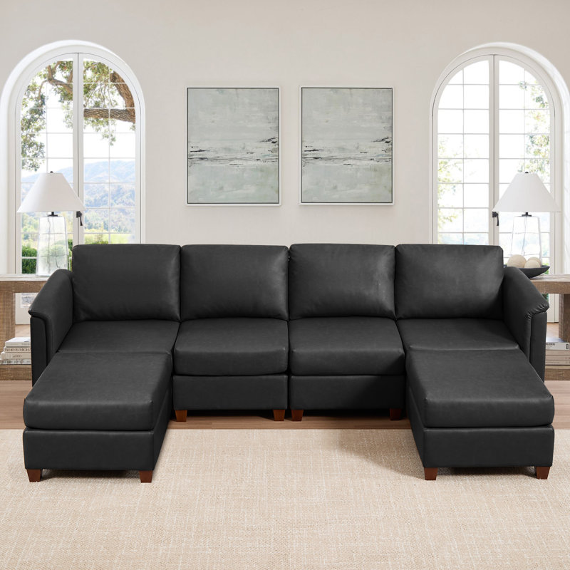 Canapé modulaire rembourré 6 pièces 6 pièces, Similicuir gris, Bois brun
