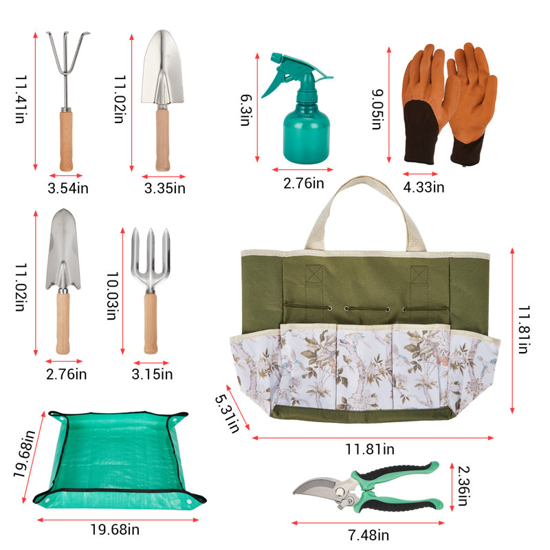 Ensemble d'outils de jardinage en acier inoxydable 10 pièces, ensemble antirouille robuste avec poignées ergonomiques en bois et sac de rangement Oxford