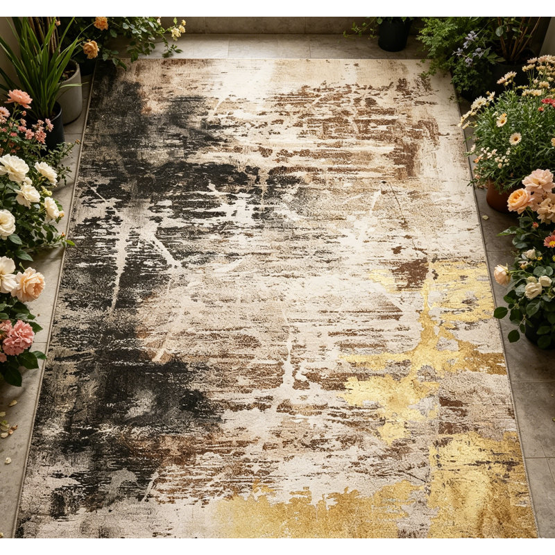Tapis Boho à motif floral et lavable, Brun, Rectangle 156 po x 120 po