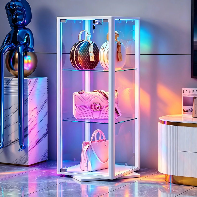 Vitrine rotative moderne en verre avec éclairage RVB contrôlé par application et vitrine à DEL, Blanc