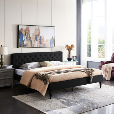 King Size Upholstery Bed With Button Tufting, Low Profile, Iron Slats, Black, Hardwood Legs Sophisticated Platform Bed, Upholstery,
