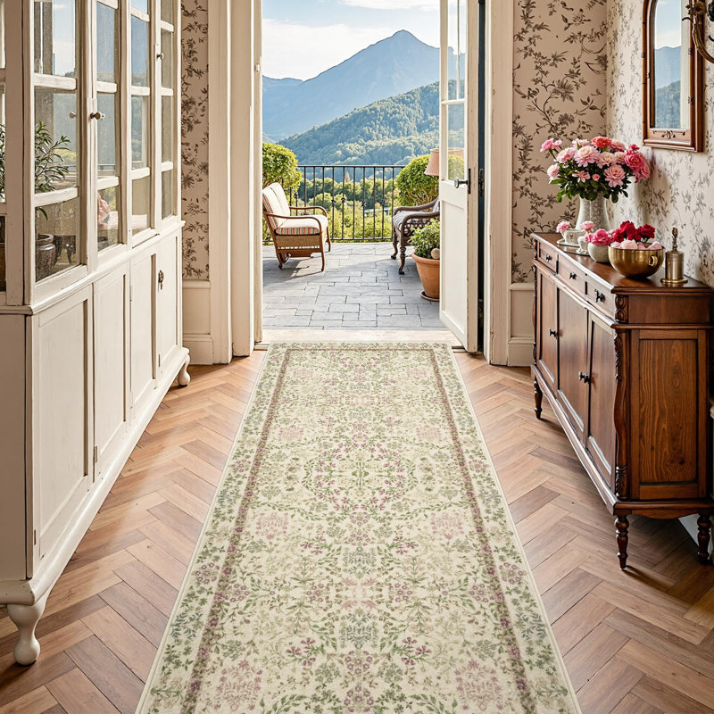 Floral Machine Washable Area Rug, Runner 3' x 10'
