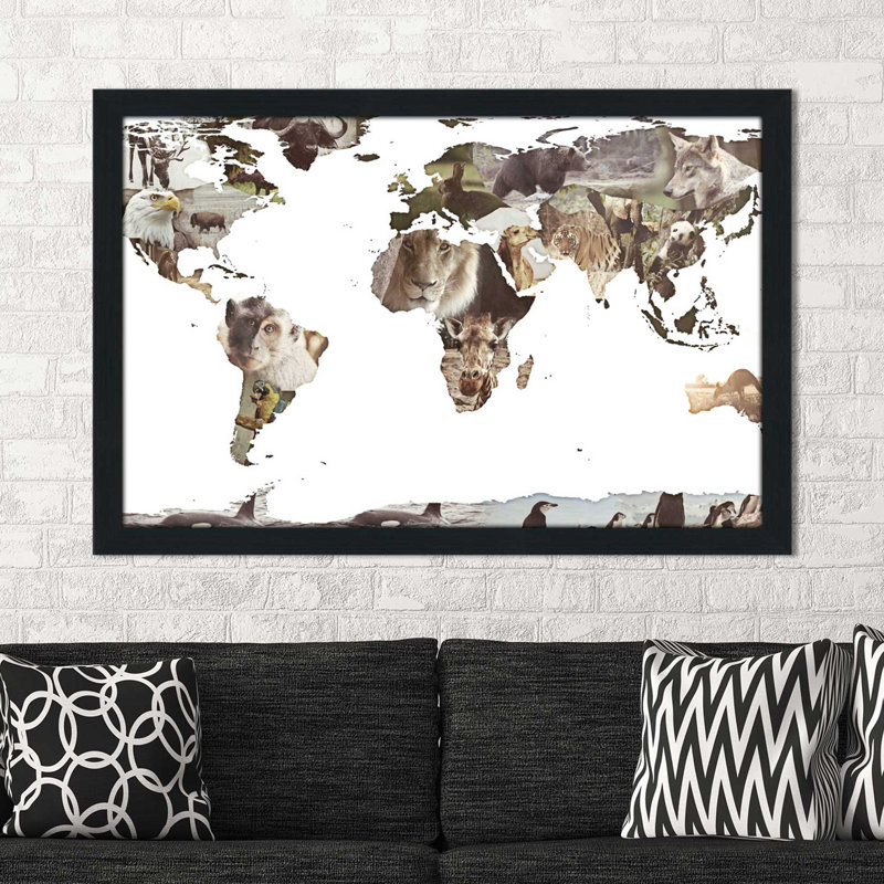 «World Animals Map», impression, H 27,5 po x l 39,5 po x P 0,75 po, Cadre espresso